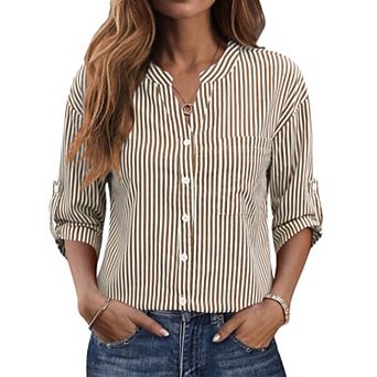 Women's Button Down Striped Shirts V Neck Casual Work Tops With Pocket