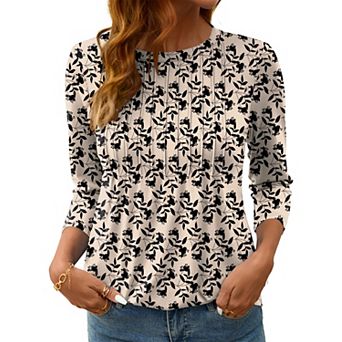 Women's 3/4 Sleeve Crew Neck Pleated Casual Dressy Blouse Tops