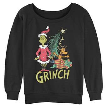 Juniors' Dr. Seuss The Grinch & Max Christmas Tree Present Graphic Pullover