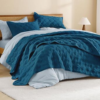 Teal Stitched Quilt Bedding Set Lightweight All Season Soft Microfiber Bed Cover