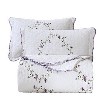 Cotton Embroidered Patchwork Quilt Set Reversible Wreath Rose Design All Season Use