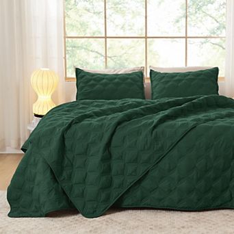 Teal Stitched Quilt Bedding Set Lightweight All Season Soft Breathable Easy Care