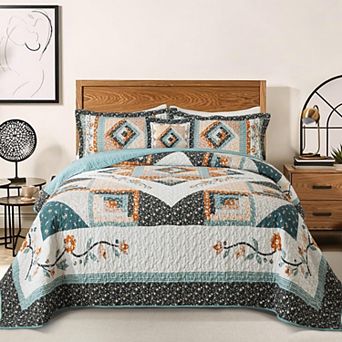 Boho Stripe Paisley Cotton Quilt Bedding Set Soft Lightweight Bedspread