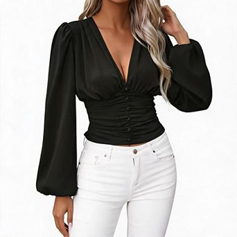 Women Blouse V Neck Puff Sleeve Shirts Ruched Front Smocked Waist Casual Daily Wear Tops