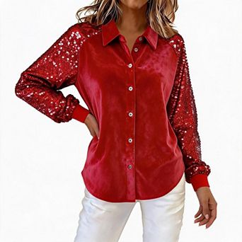 Button Down Blouse Shirts Womens Party Tops Long Sleeve Shirt for Holiday Club Occasions