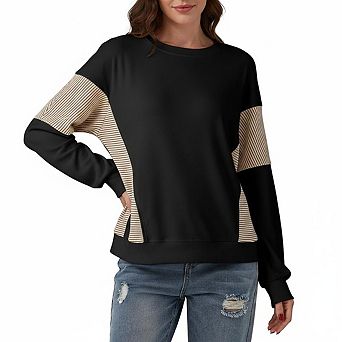 Women Top Crew Neck Stripe Sleeve Panel Long Sleeve Casual Knit Blouse