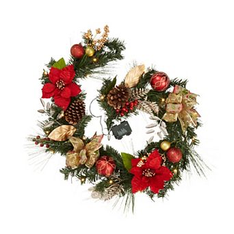 6 Ft Pre-Lit Christmas Garland, 20 Warm White LED, Poinsettias Pinecones, Mantel Stairs Decor