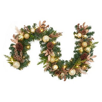 6 Ft Pre-Lit Christmas Garland, LED Battery, Gold Balls Pinecones Berries, Mantel Staircase Decor