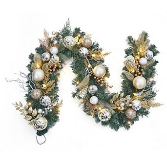 6 Ft Pre-Lit Christmas Garland, 20 LED Battery Timer, Gold Silver Ornaments,Mantel Staircase Decor