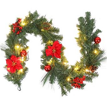 6 Ft Pre-Lit Christmas Garland, 20 LED Battery, Red Flowers Pinecones Berries, Mantel Stairs Decor