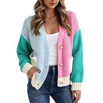Women's "Dopamine Style" Color Block Patchwork Knit Cardigan Relaxed Long Sleeve Style