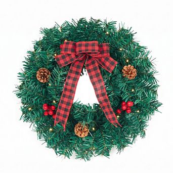 12 in Pre-Lit Christmas Wreath, Warm White LEDs, Pinecones, Red Bow, Battery Operated