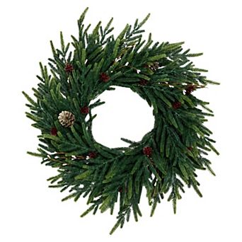 24 Inch Mixed Pine Artificial Christmas Wreath with LEDs & Timer