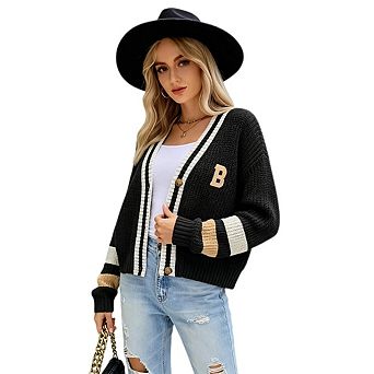 Women's V Neck Long Sleeve Preppy Style Loose Cardigan