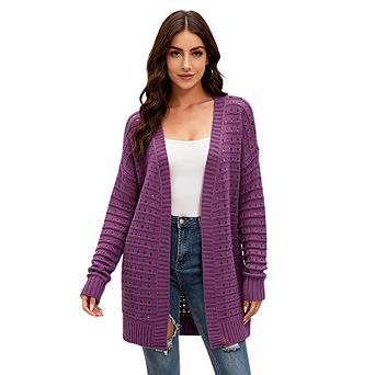 Solid Color Open Knit Loose Fit, Long Sleeve Midi Cardigan Versatile And Stylish.