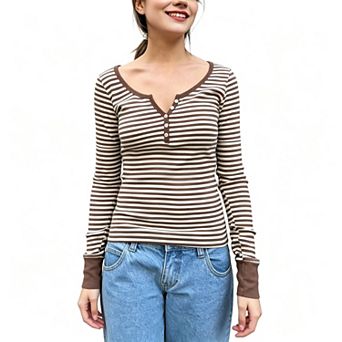 Women's Striped Henley Long Sleeve Top, Button v Neck Slim Fit Casual Fall Shirt