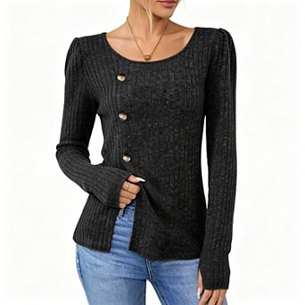 Women's Scoop Neck Ribbed Knit Top, Decorative Button Side Slit Long Sleeve Casual Blouse