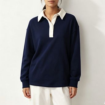 Women Polo v Neck Button Fall Sweatshirts Long Sleeve Collared Lapel Pullover Casual Top