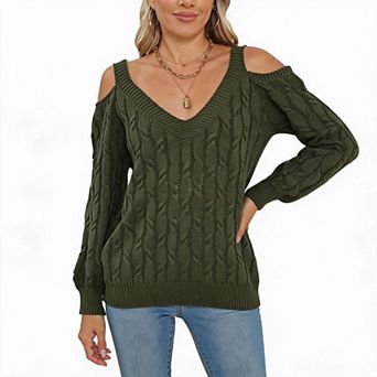 Women Top Cold Shoulder Cable Knit Sweater V Neck Long Sleeve Pullover