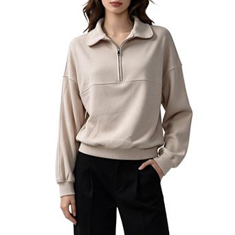 Women's Half Zip Collared Sweatshirt Long Sleeve Drop Shoulder Casual Fall Winter Pullover Top