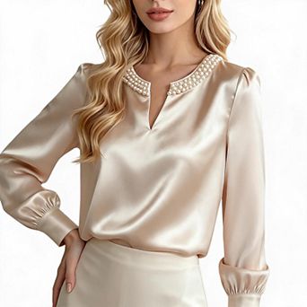 Women Satin Blouse V Neck Pearl Trim Long Sleeve Elegant Work Top