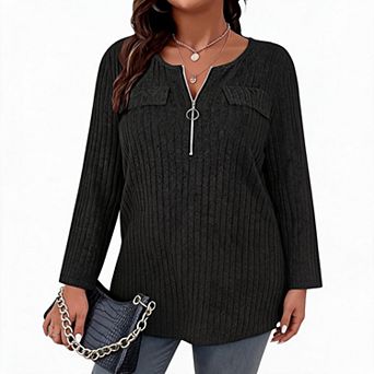 Women Plus Size Long Sleeve Ribbed Top Half‑Zip V‑Neck Casual Blouse with Chest Pockets