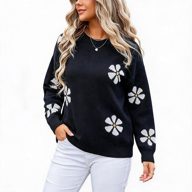 Women Floral Pattern Crew Neck Knit Sweater Long Sleeve Fall Winter ...