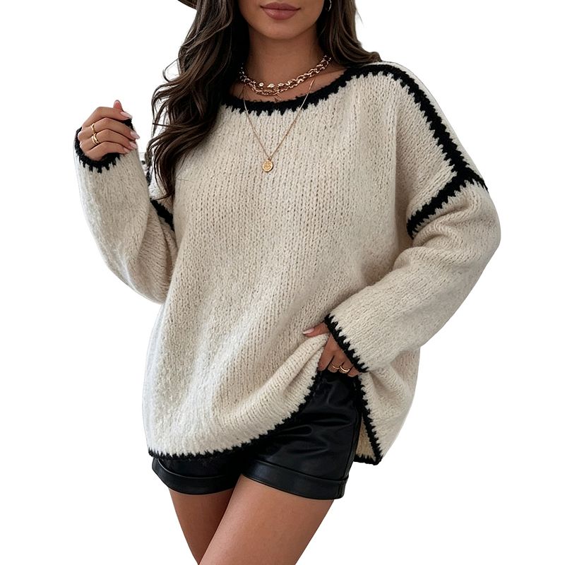 Women Color Block Contrast Trim Knit Sweater Long Sleeve Crew Neck ...