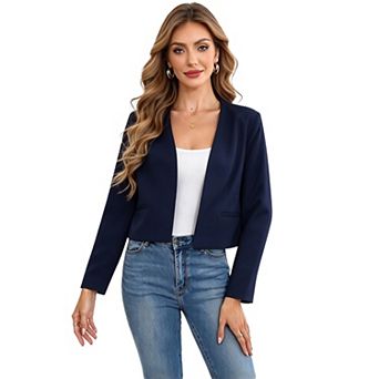 Women’s Cropped Lined Blazer with Pockets Casual Open Front Jacket without Buttons for Versatile