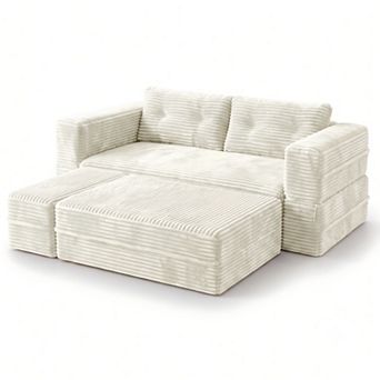 80" King Size Sleeper Sofa Bed, Plush Corduroy Deep Seat Sofa Couch with Chaise and Functional Blank