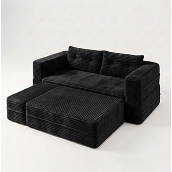 80" King Size Sleeper Sofa Bed, Plush Corduroy Deep Seat Sofa Couch with Chaise and Functional Blank