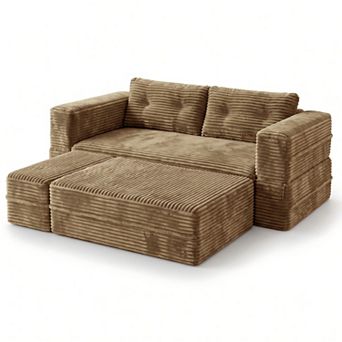 80" King Size Sleeper Sofa Bed, Plush Corduroy Deep Seat Sofa Couch with Chaise and Functional Blank