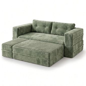 80" King Size Sleeper Sofa Bed, Plush Corduroy Deep Seat Sofa Couch with Chaise and Functional Blank