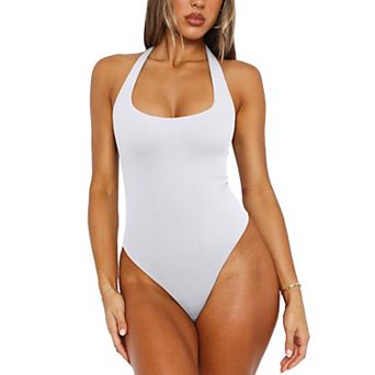 Women's Halter Scoop Neck Bodysuit Double Lined Tie Front Summer Y2K Casual Top