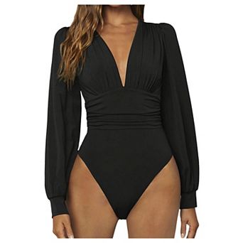 Women's Long Sleeve Deep V Neck Ribbed Bodysuit Ruched High Waist Tops