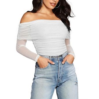 Women's Off The Shoulder Long Sleeve Ruched Mesh Bodysuit