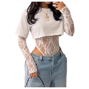 Women's Lace Long Sleeve Sheer Bodysuit Crew Neck Slim Fit Club Party Outfit