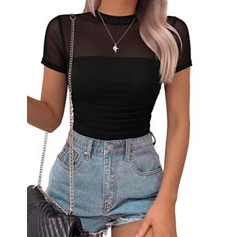 Women's Mock Neck Ruched Sheer Mesh Short Sleeve Bodysuit Thong Underwear Tops