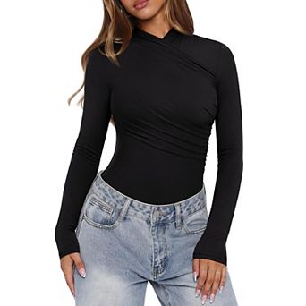 Women's Mock Neck Long Sleeve Ruched Bodysuit Slim Fit Casual Going Out Top