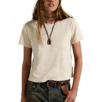 Women Vintage Washed Cotton Cropped Tops Loose Short Sleeve Casual Tees