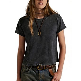 Women Vintage Washed Cotton Cropped Tops Loose Short Sleeve Casual Tees