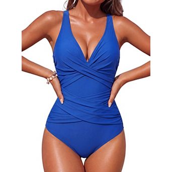 Tummy Control Ruched Push Up Swimsuit Vintage V Neck Swimwear