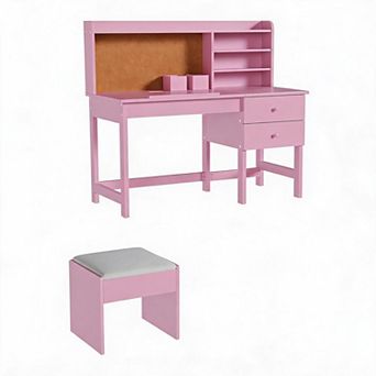 Children Desk and Chair Set, Wooden Study Table with Adjustable Tilt Desktop, Drawers & Cork Board