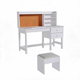 Children Desk and Chair Set, Wooden Study Table with Adjustable Tilt Desktop, Drawers & Cork Board