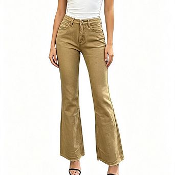 Women High Waist Bootcut Denim Jeans Five Pocket Raw Frayed Hem Slim Boot Leg Casual Full Pants