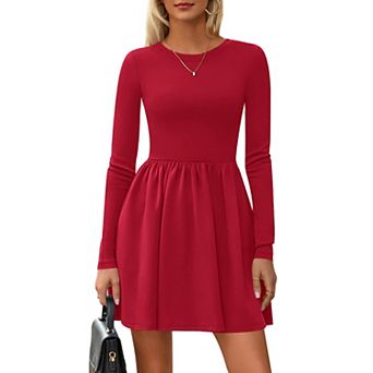 Womens Long Sleeve Pleated A Line Mini Dress Pocket