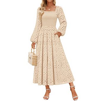 Women Eyelet Long Sleeve Maxi Wedding Guest Dress