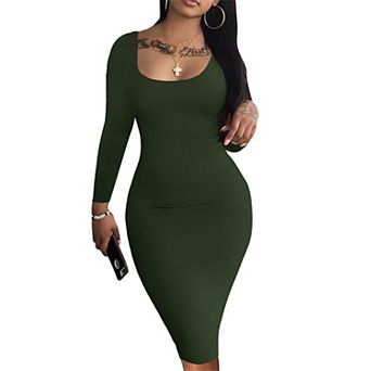 Womens Long Sleeve Bodycon Pencil Midi Club Dress