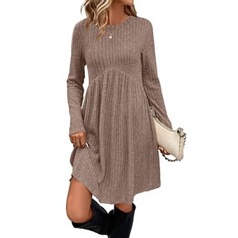 Womens Long Sleeve Crew Neck Empire Waist Tunic Dress Pockets