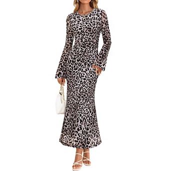 Womens Long Sleeve Bodycon Ruched Mesh Maxi Formal Dress